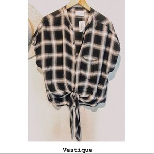 Black, white, purple plaid tie top